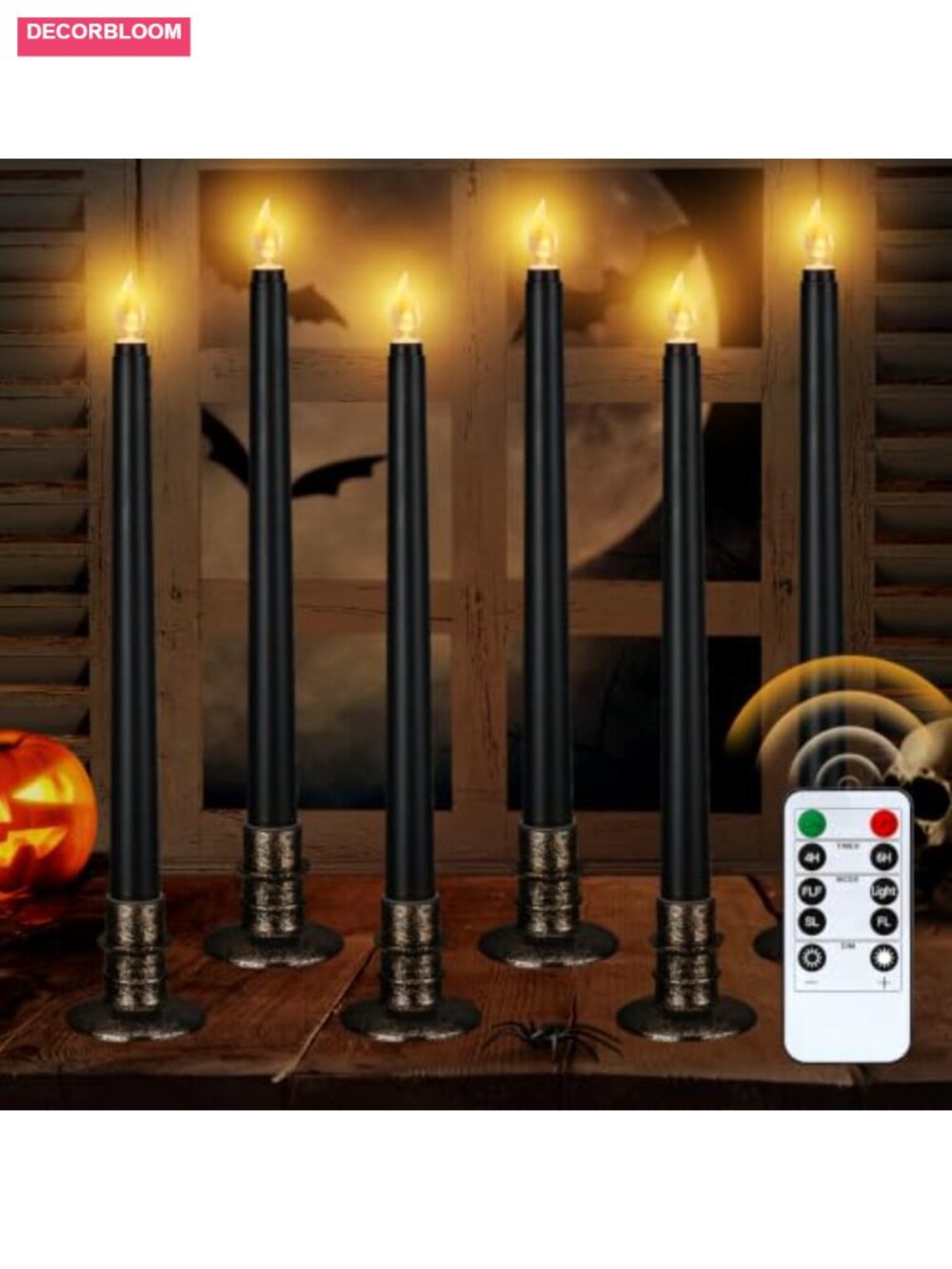 6 Pc Flameless Taper Candles Timer & Bases Remote Halloween